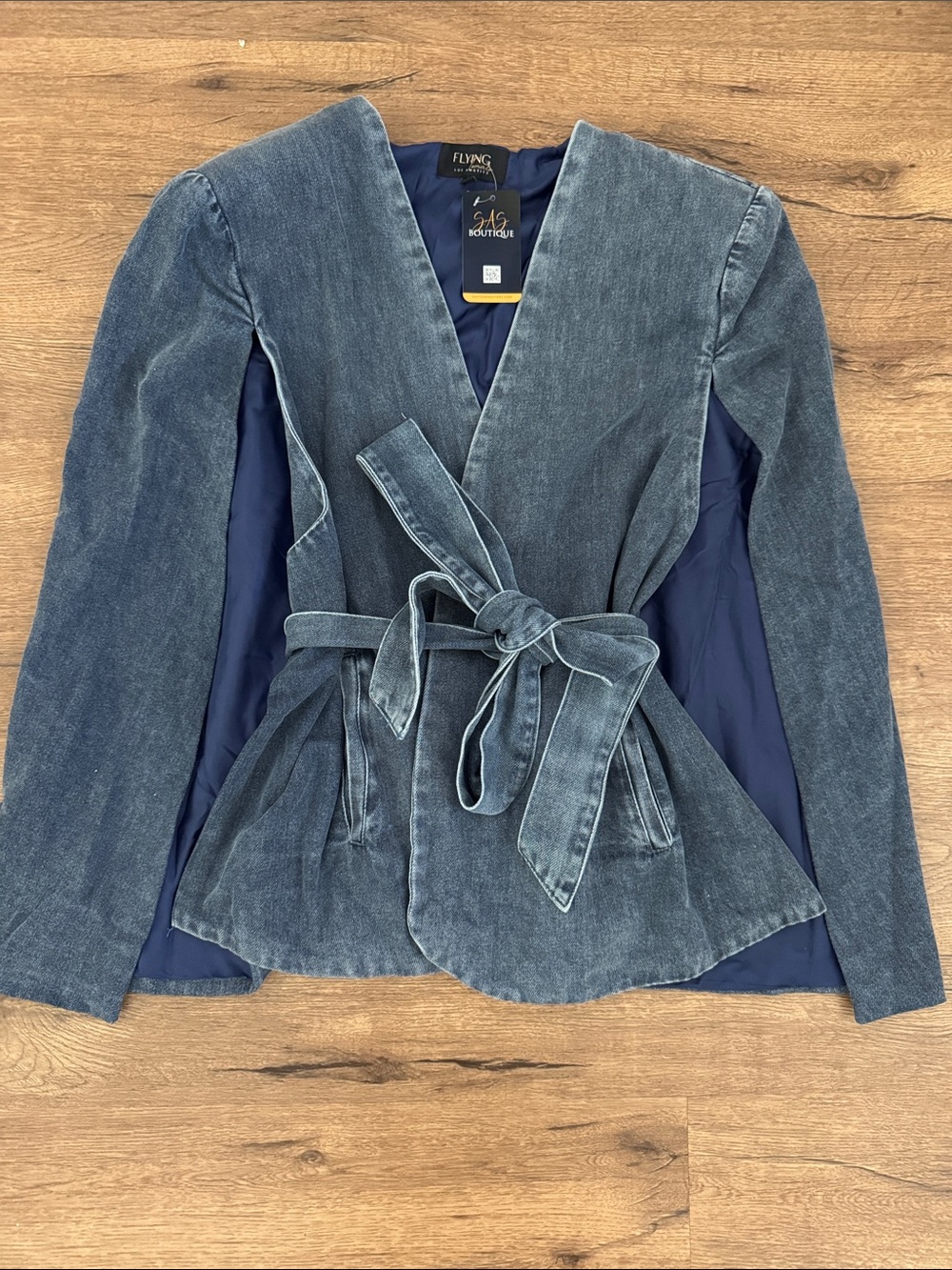 NWT Flying Tomato Washed Denim Wrap Cape Blazer with Adjustable Belt